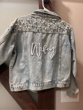 David's Bridal Light Wash Denim Jacket with Pearl Accents